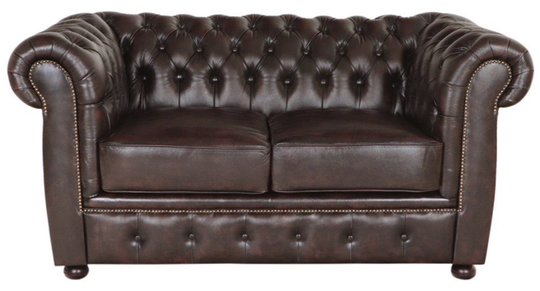 Indischesmoebelhausde Chesterfield-Sofa Zweisitzer-Sofa Chesterfield Liverpool aus echtem Rindsleder Braun