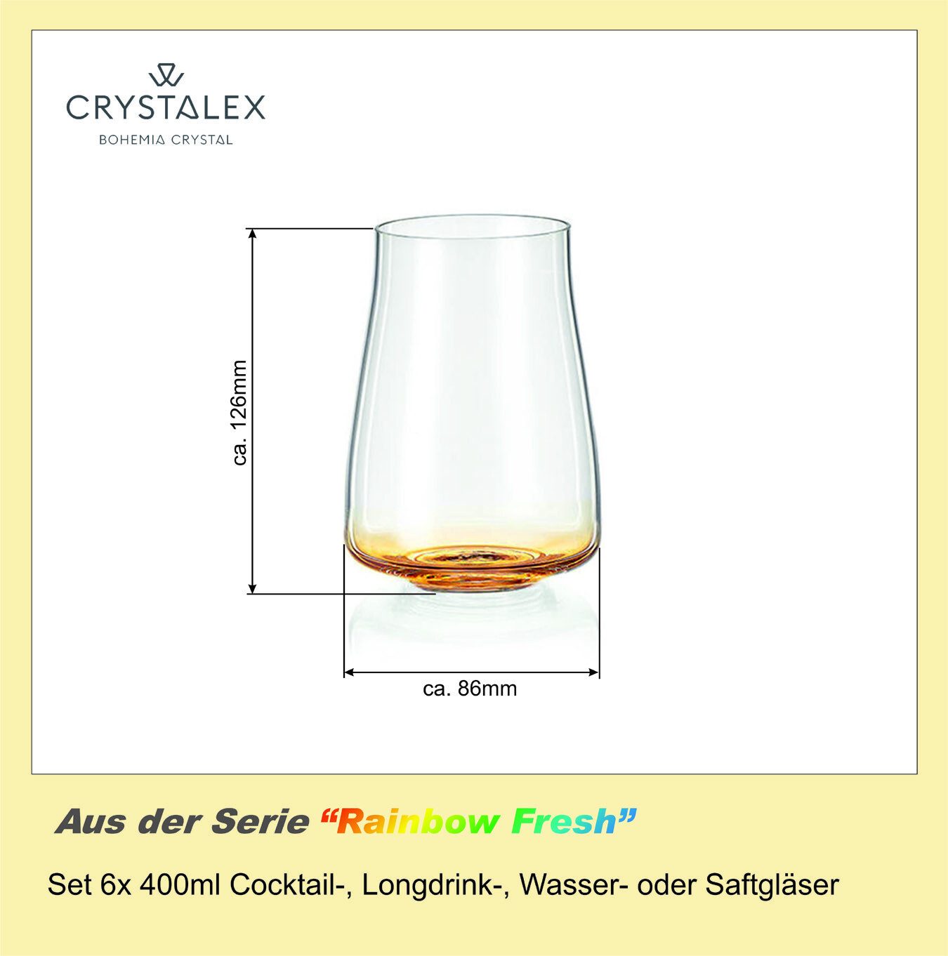Crystalex Longdrinkglas Rainbow Fresh Longdrinks 400 ml (6er-Set), 6-tlg., Kristallglas, Kristallglas, Färbung im Glasboden, 6 verschiedene Farben