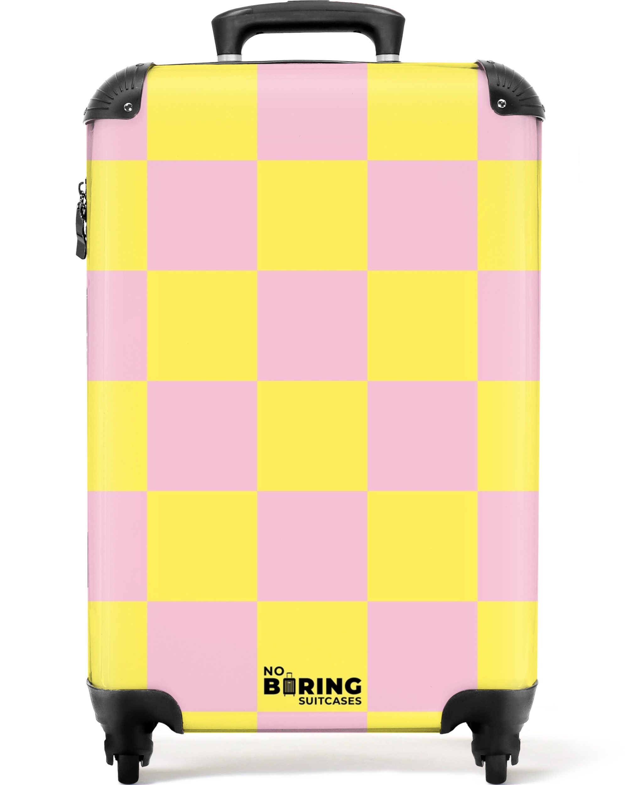 NoBoringSuitcases.com© Hartschalen-Trolley Gelb mit rosa Schachbrettmuster günstig online kaufen
