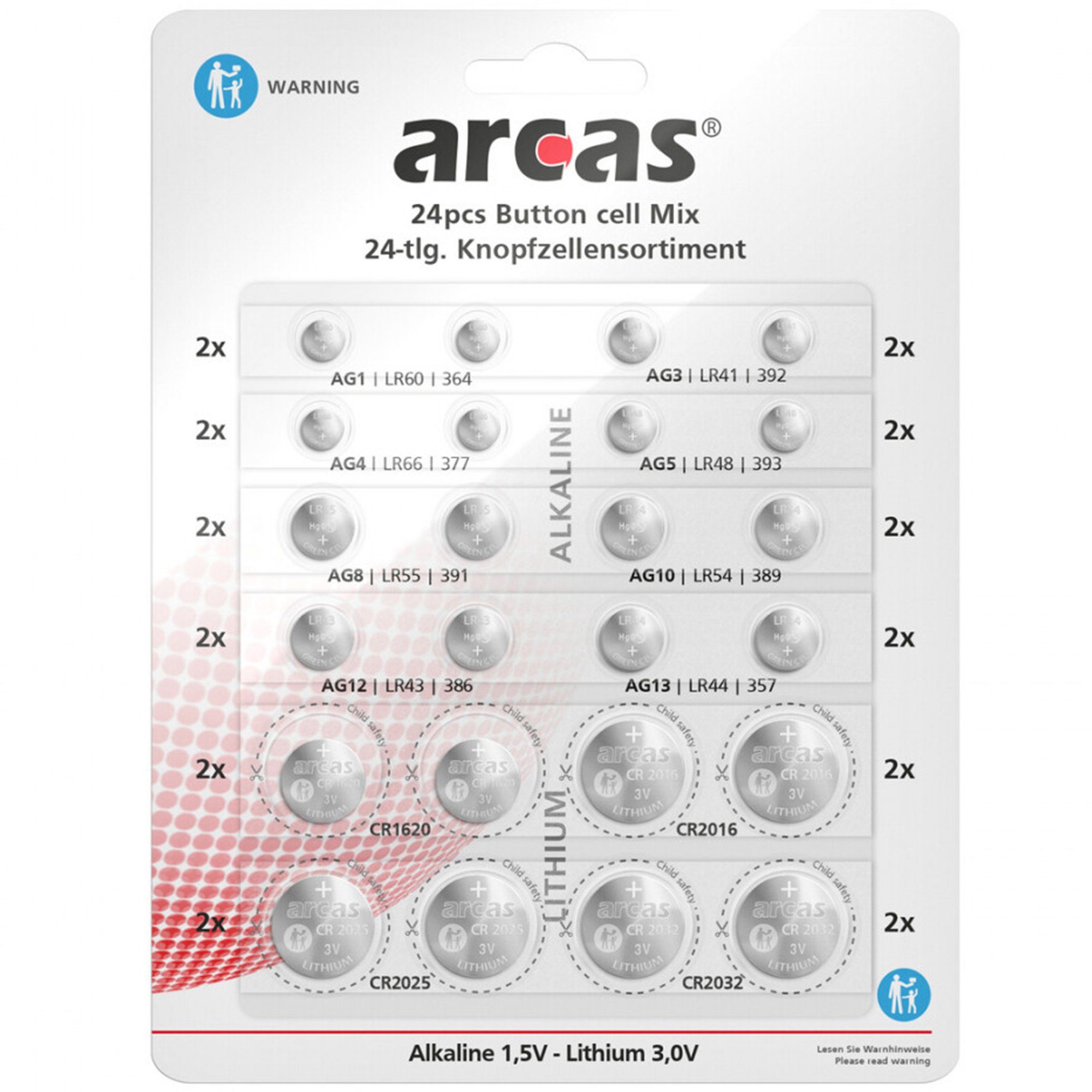 Arcas 24x Knopfzellen Set Sortiment Knopfbatterien Knopfzelle, (24 St), Knopfzellensortiment, Knopfzellenset