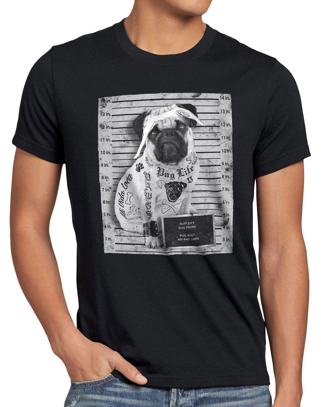 style3 Print-Shirt Herren T-Shirt Mops Tattoo pug hund gangster rock punk inked tätowiert biker us schwarz