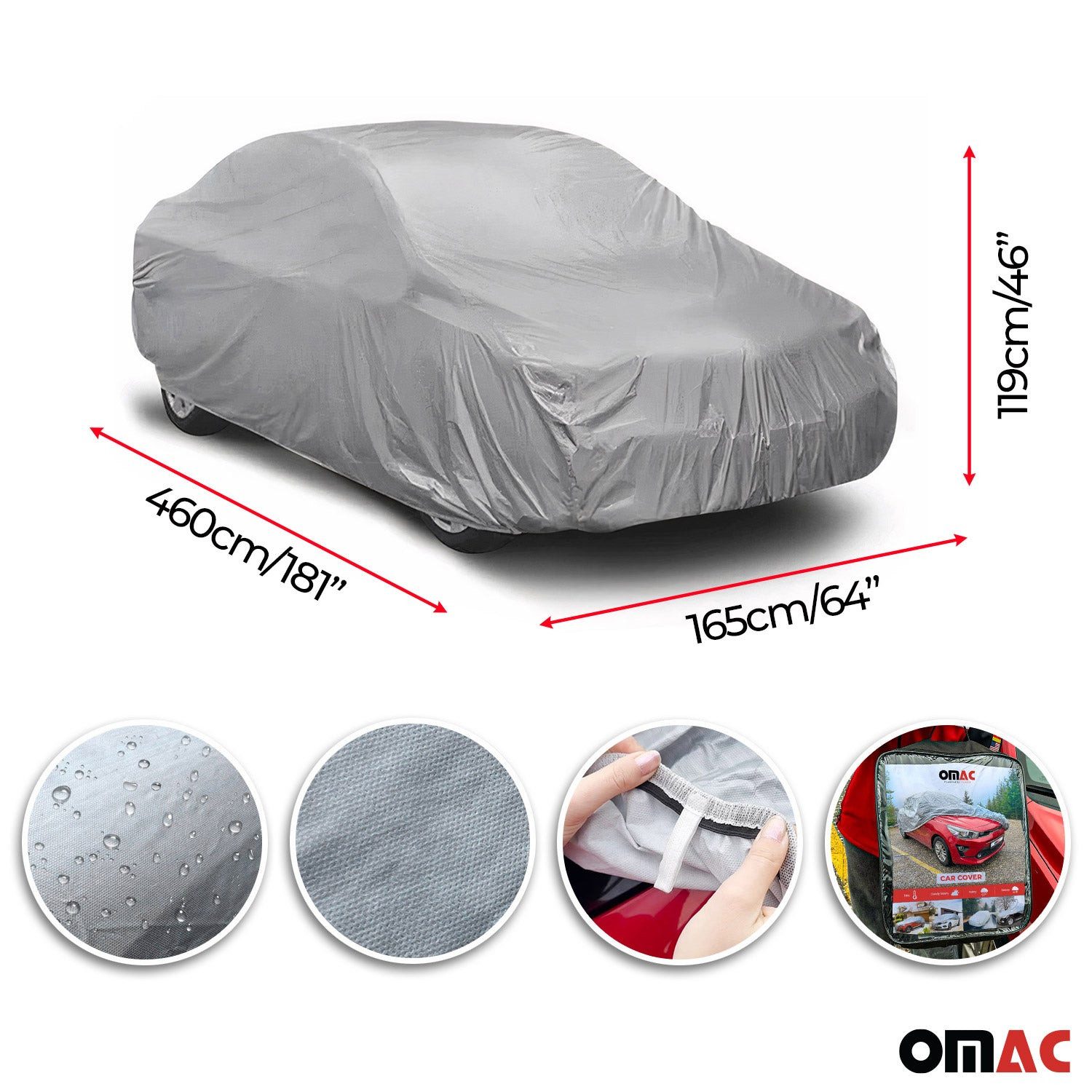 OMAC Car Sunshade, Car Cover, Full Garage, Universal Car Cover, Grey, 460x165x119, 35 x 10 cm, Portable, Elastic Hem, Waterproof, Foldable, UV Resistant
