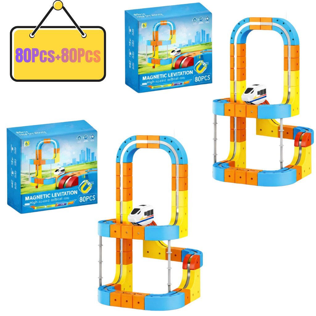Goldstern-Tech Spielzeugeisenbahn-Set Magnetische Zugbahn Baukasten, (160-tlg., Wählbar als 56, 80 oder 150 Teile Rennbahn Set), Magnetische 3D Zugstrecke – flexibel & motorisiert