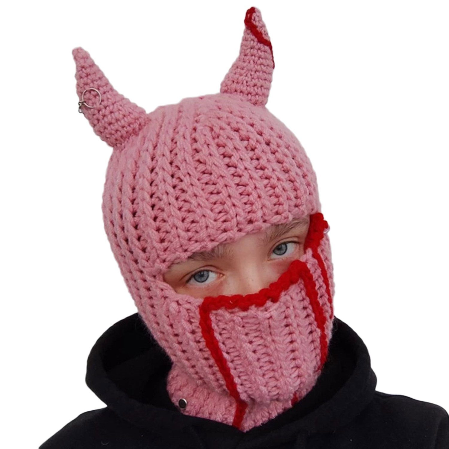 MAGICSHE Beanie Vollständige Gesichtswärme Strickmütze Cowhorn Sturmhauben Strickmütze Interessante Rosa