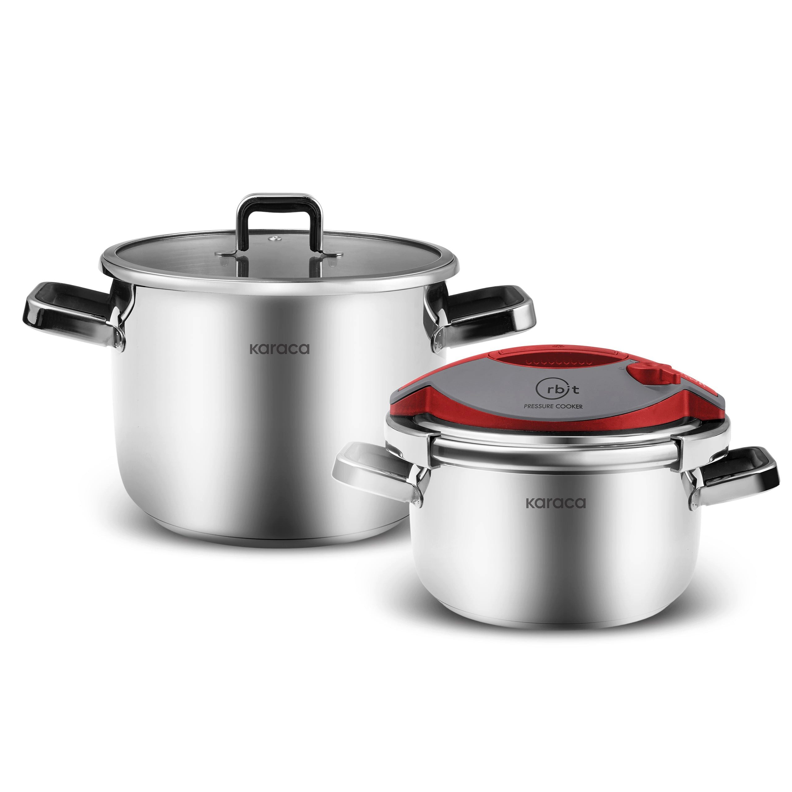 Karaca Schnellkochtopf Karaca Orbit Schnellkochtopf-Set 6+8 L Rot, 18/10 EDELSTAHL