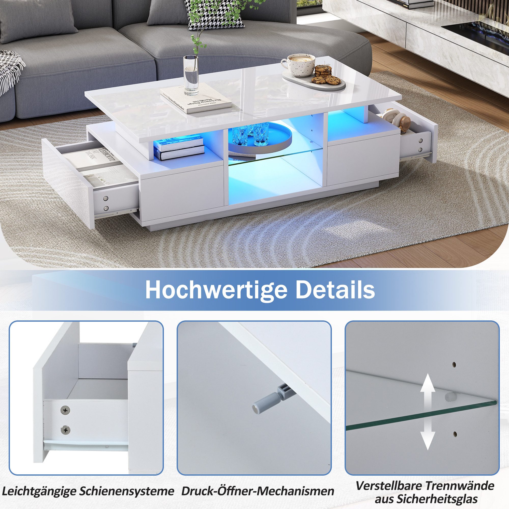 Merax Couchtisch hochglanz Sofatisch Beistelltisch mit LED-Beleuchtung (Kaffeetisch 100x50x36cm, 1-St), Wohnzimmertisch mit 2 Schubladen, Glasablagen & offenem  – Bild 5 von 5
