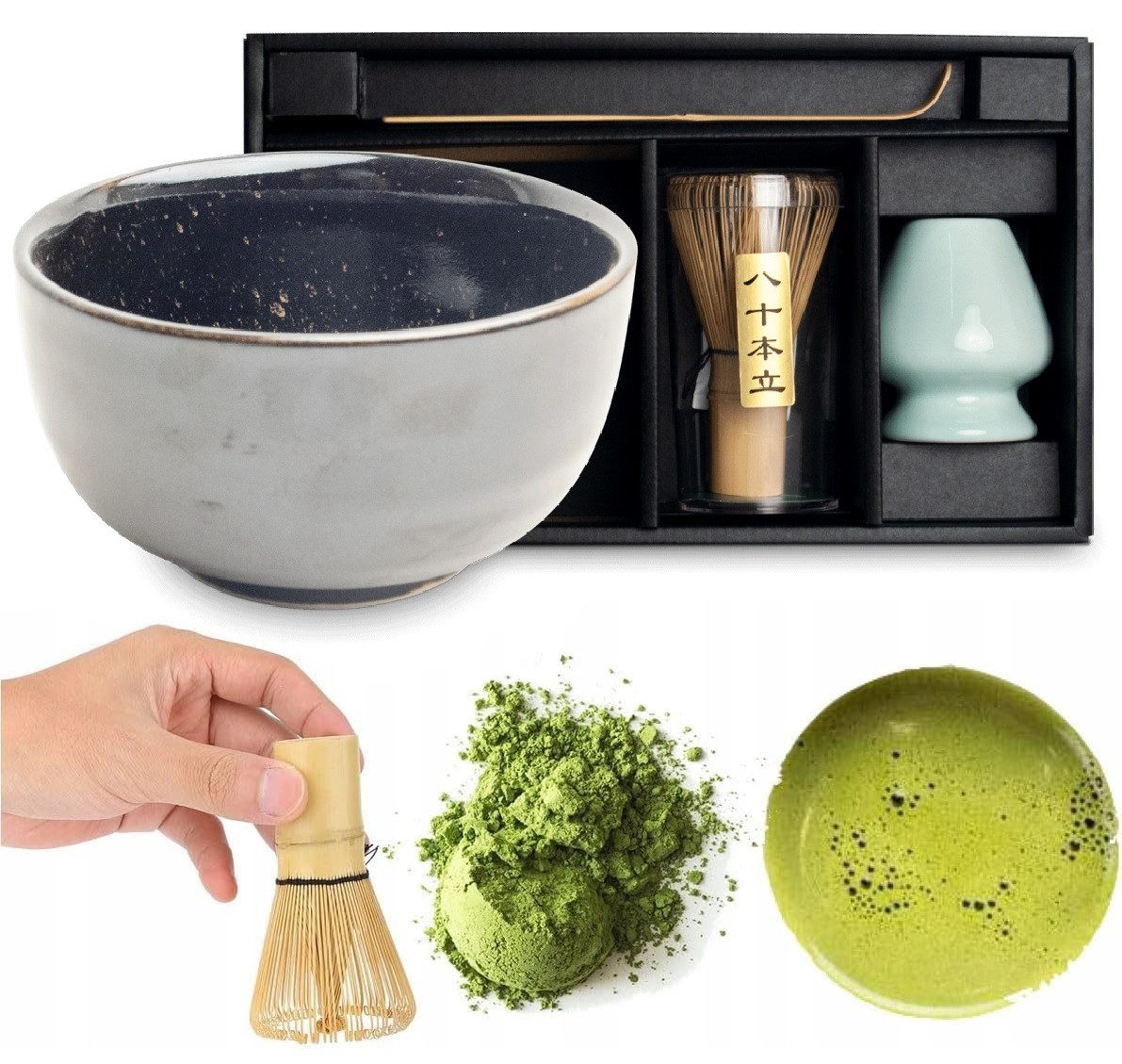 WestCraft Teeservice Matcha Set 4 tlg. Original japanische Matcha Schale mit Besen & Löffel (4-tlg), handgefertigt für eine authentische japanische Matcha & Tee-Zeremonie