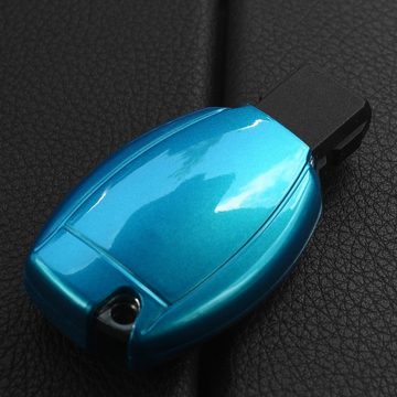 mt-key Schlüsseltasche Autoschlüssel Hardcover Schutzhülle Metallic Blue, für Mercedes Benz Funk ab 2005 Smartkey