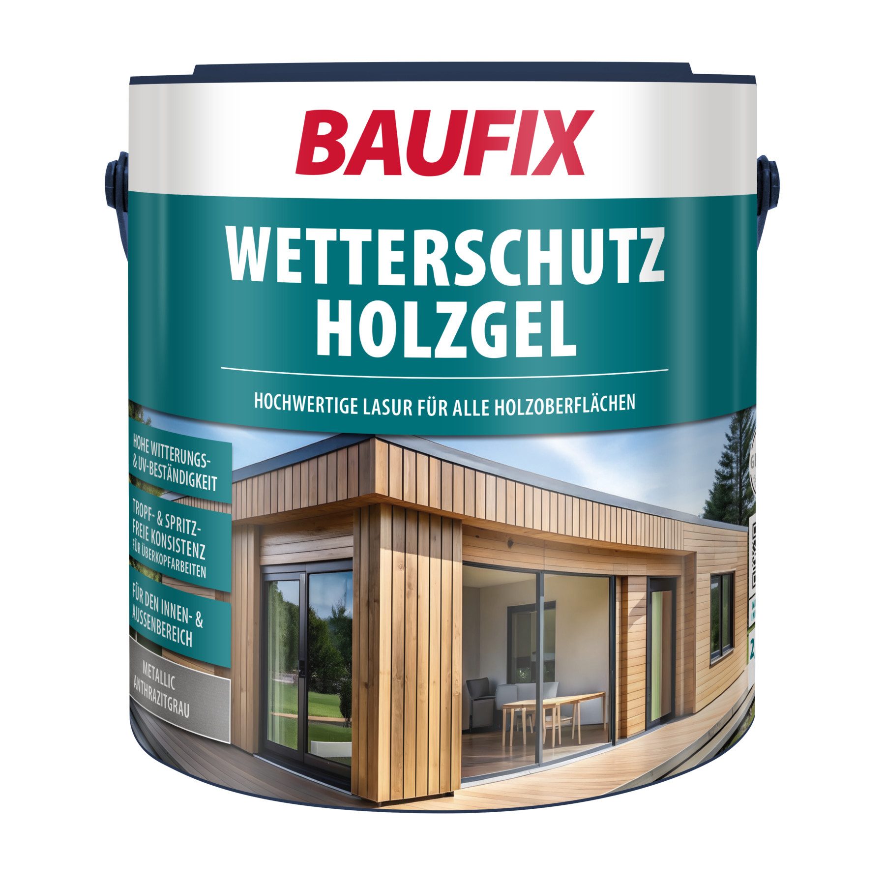 Baufix Holzschutzlasur Metallic Wetterschutz-Holzgel seidenglänzend, 2,5 Liter für, ca. 25 m² atmungsaktive Holzlasur für viele Holzarten, tropfgehemmt