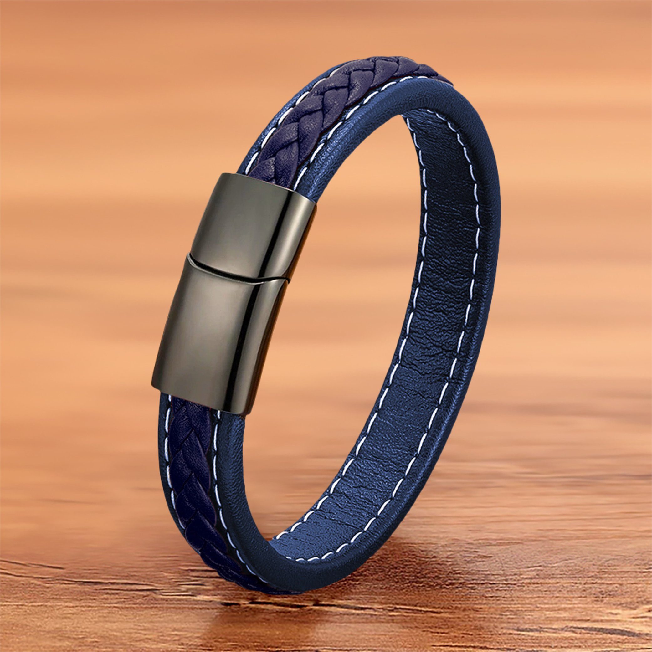 Lederarmband Schmuckbox), (inkl. elegantes Leder Magnetverschluss NAHLE Leder, sicheres aus mit geflochten ein verschließen Armband für blau