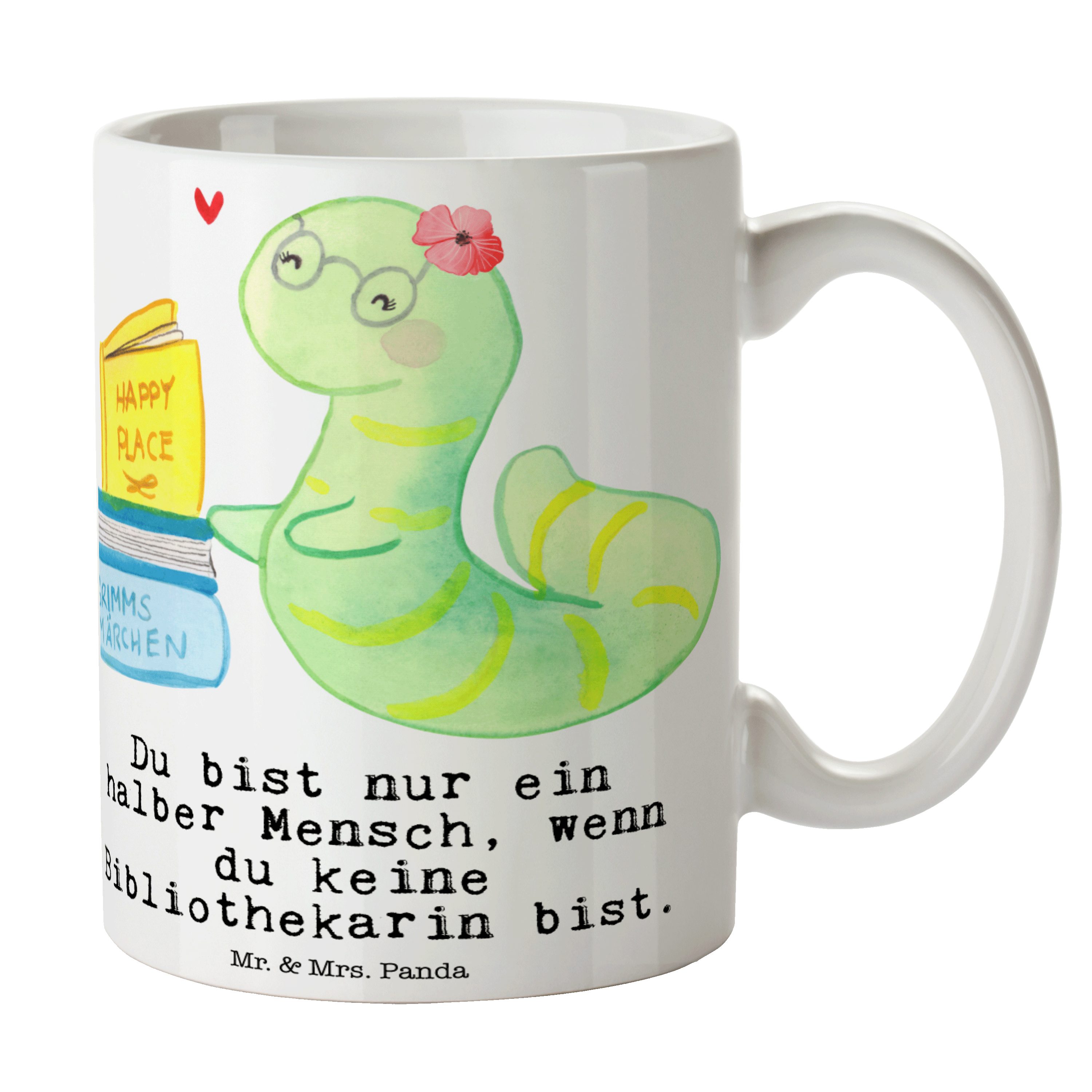 Mr. & Mrs. Panda Tasse Bibliothekarin mit Herz - Weiß - Geschenk, Tasse Sprüche, Kaffeebeche, Keramik