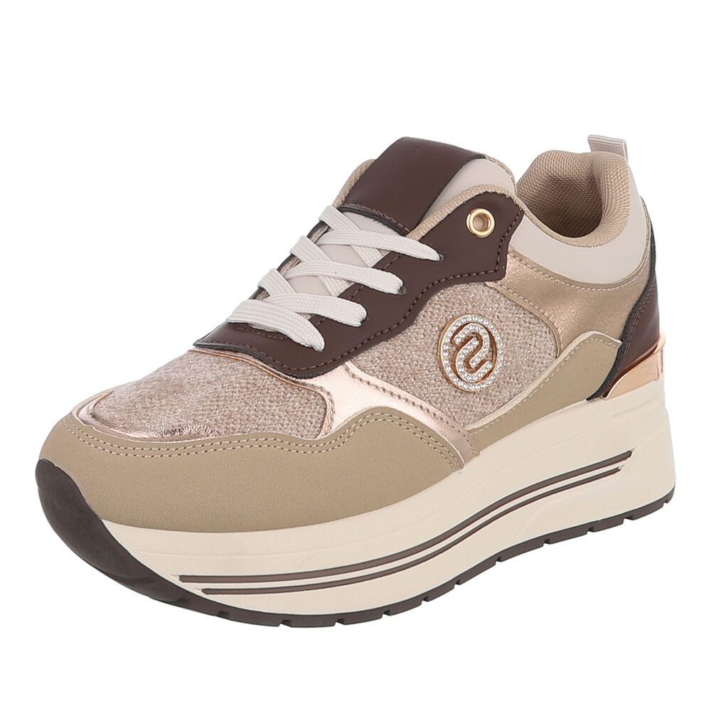 Ital-Design Damen Plateau-Sneaker mit Schnürung und Materialmix Sneaker (92002657) Keilabsatz/Wedge Sneakers Low in Beige