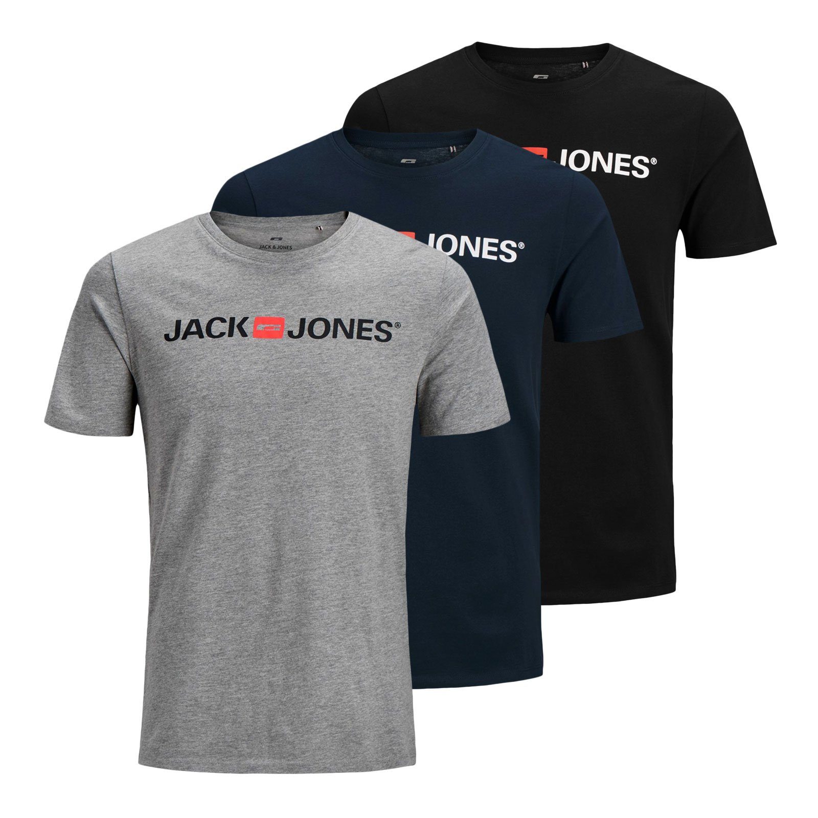Jack & Pack mel. Neck mit navy blazer / light 3er / Jones grey - Logo black Crew 12137126 T-Shirt Markenschriftzug Tee