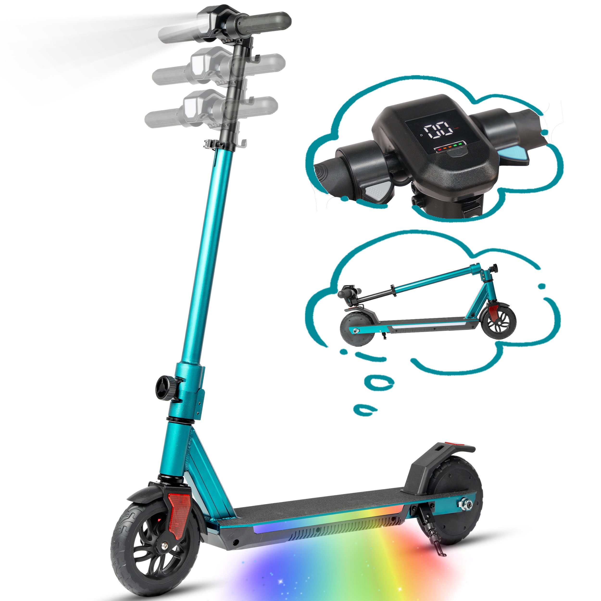 Elektro-Kinderroller ab 10 Jahren, klappbar, EBS+Fußbremse, farbiger Beleuchtung, mit Haken