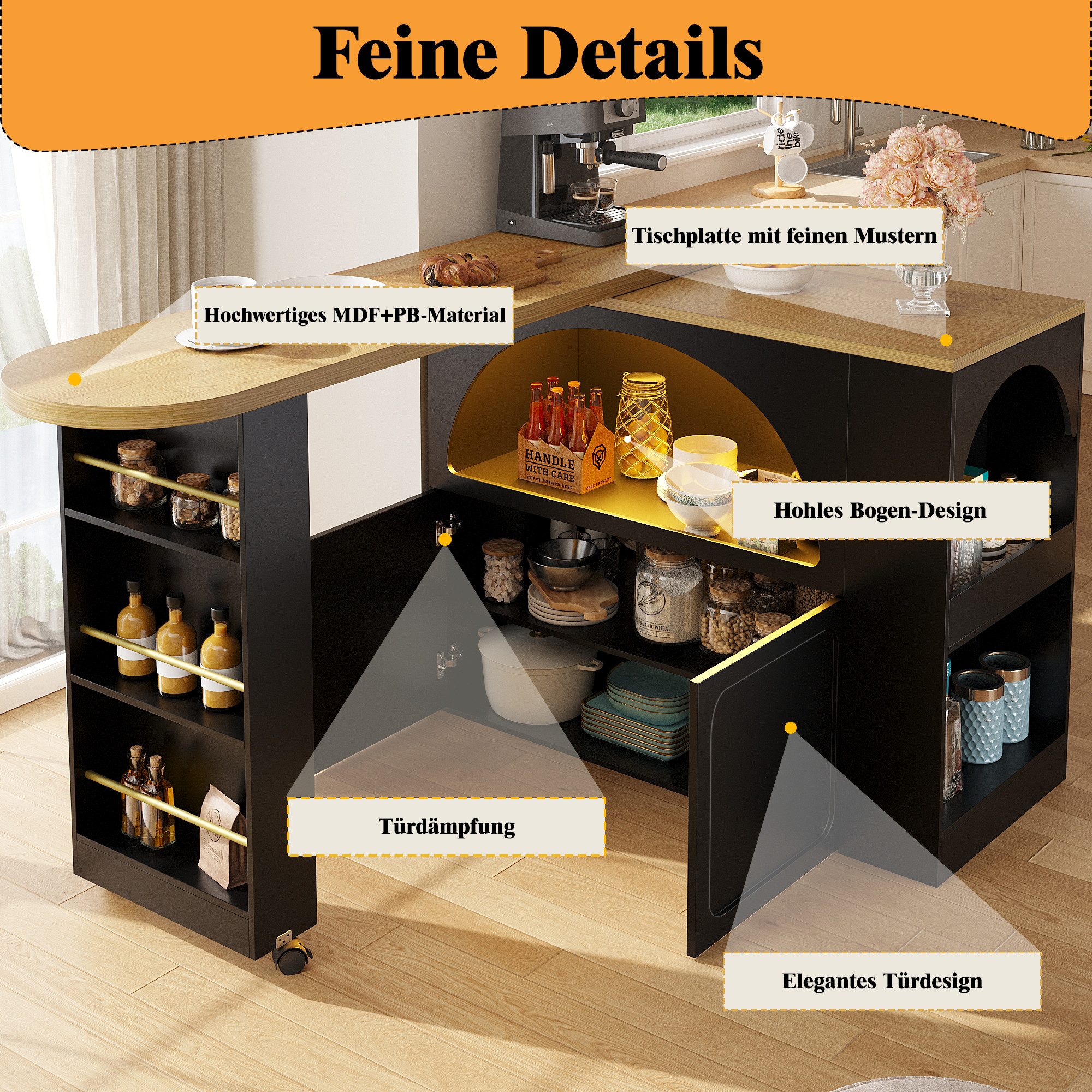 i@home Bartisch ausziehbarer Kücheninsel mit Stauraum(135-205×39×100cm) (1 Tisch), Teleskopischer Bartisch mit LED Hochtisch Kücheninsel, schwarz/weiß – Bild 3 von 5