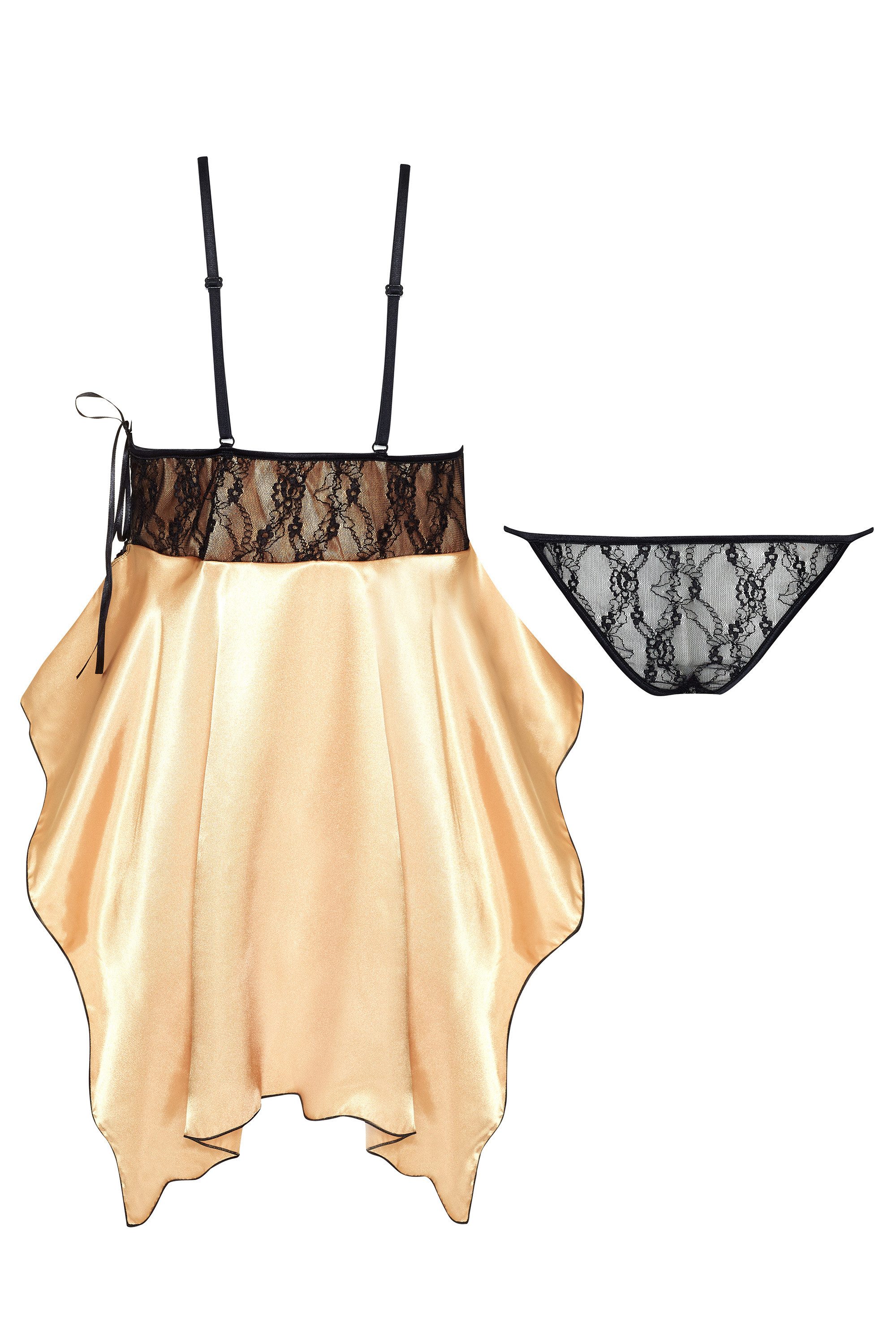 Beauty Night Fashion Negligé Negligee Julieta gold-schwarz aus Satin mit (2-tlg)