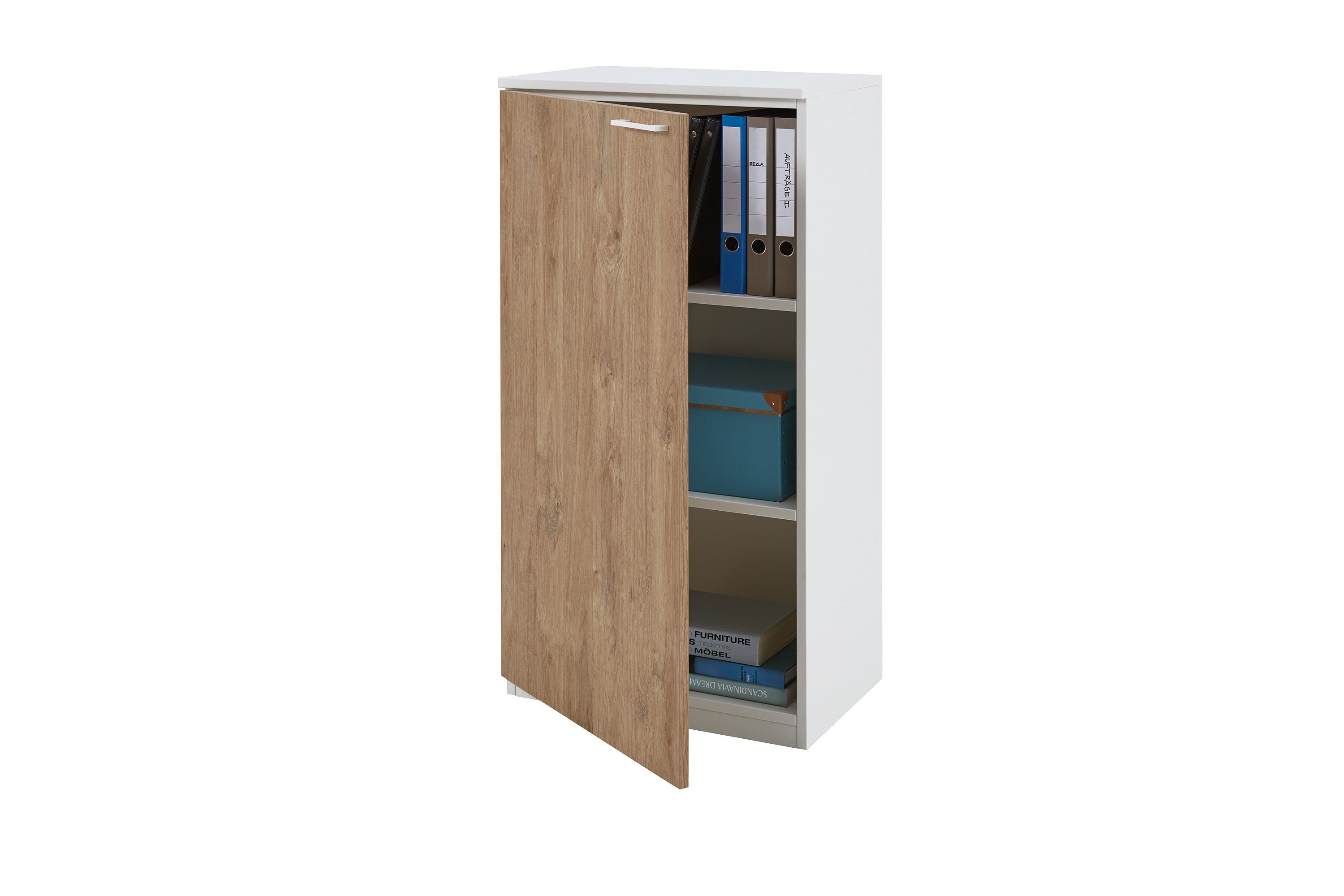 boho office® Aktenschrank be.smart 60 cm breit Tür links in weiß, Front in Eiche mit weißem Griff