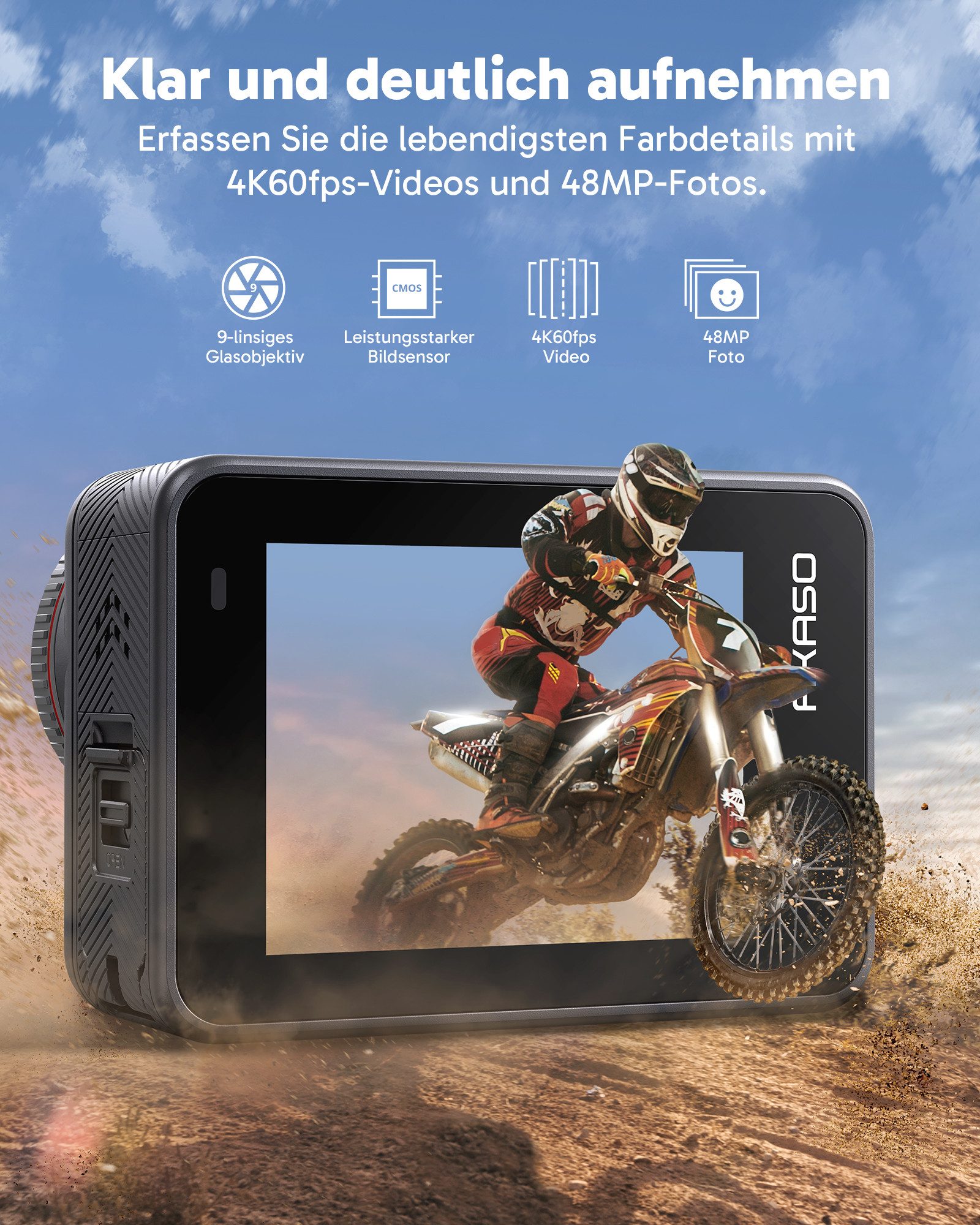 Akaso Brave 8 Action Cam (4K Ultra HD, Wi-Fi 2.4G, Wi-Fi 5G, EIS 4.0, Wasserdicht bis 60 m, Duales Farbdisplay, Sprachsteuerung)