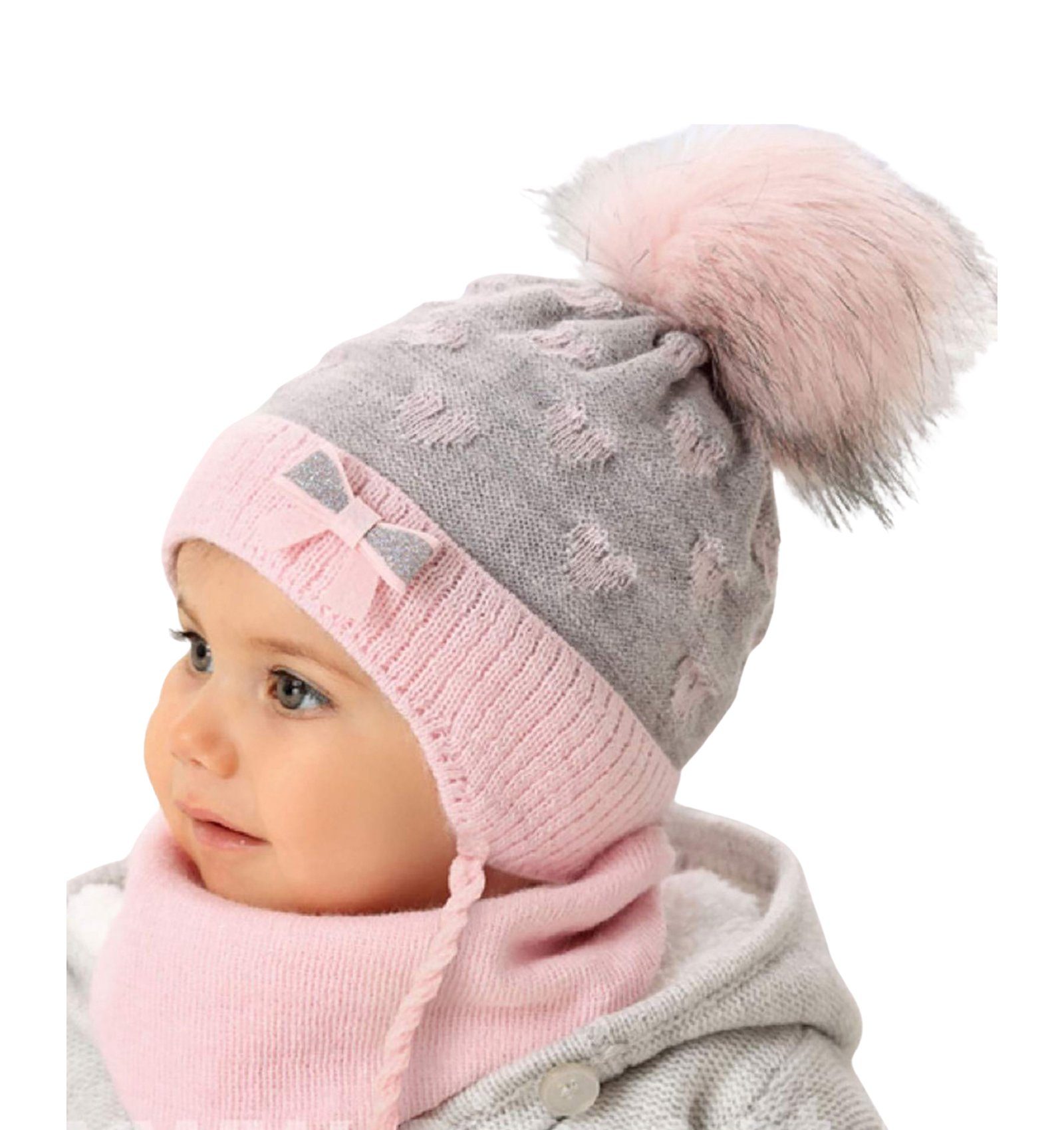Smarilla Mütze & Schal Baby Winter Mütze Mädchen Bindemütze Strickmütze mit Dreiecktuch Schal Praktische Bindebänder / gefüttert / Druckknopf am Schlauchschal