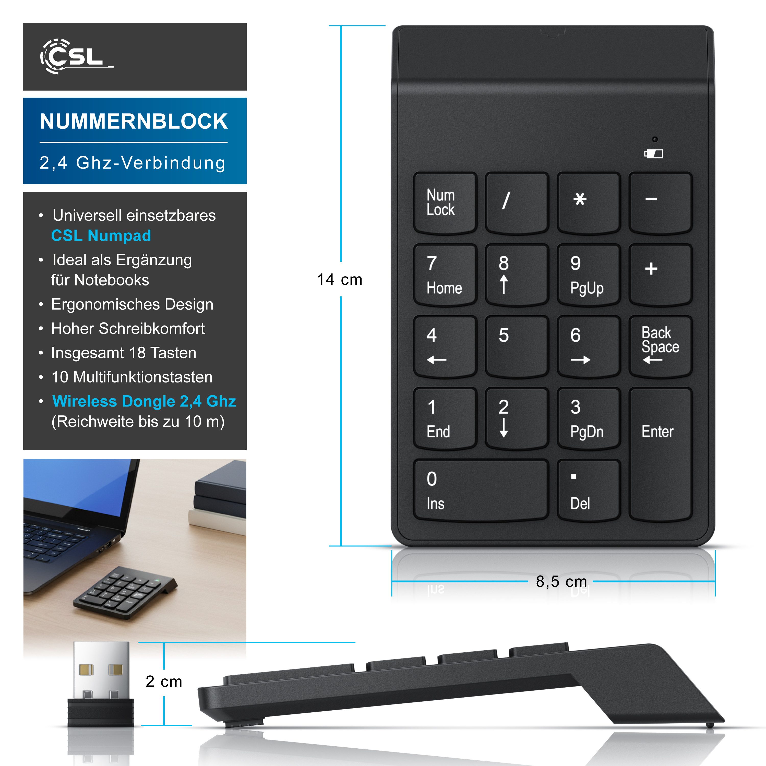 CSL Numpad kabellos, 2,4Ghz Keypad mit Mulitmediatasten, Nummerntastenfeld Wireless-Tastatur (Nummernblock Zusatztastatur, 10 Multimedia Keys, 18 Tasten, Laptop, PC)