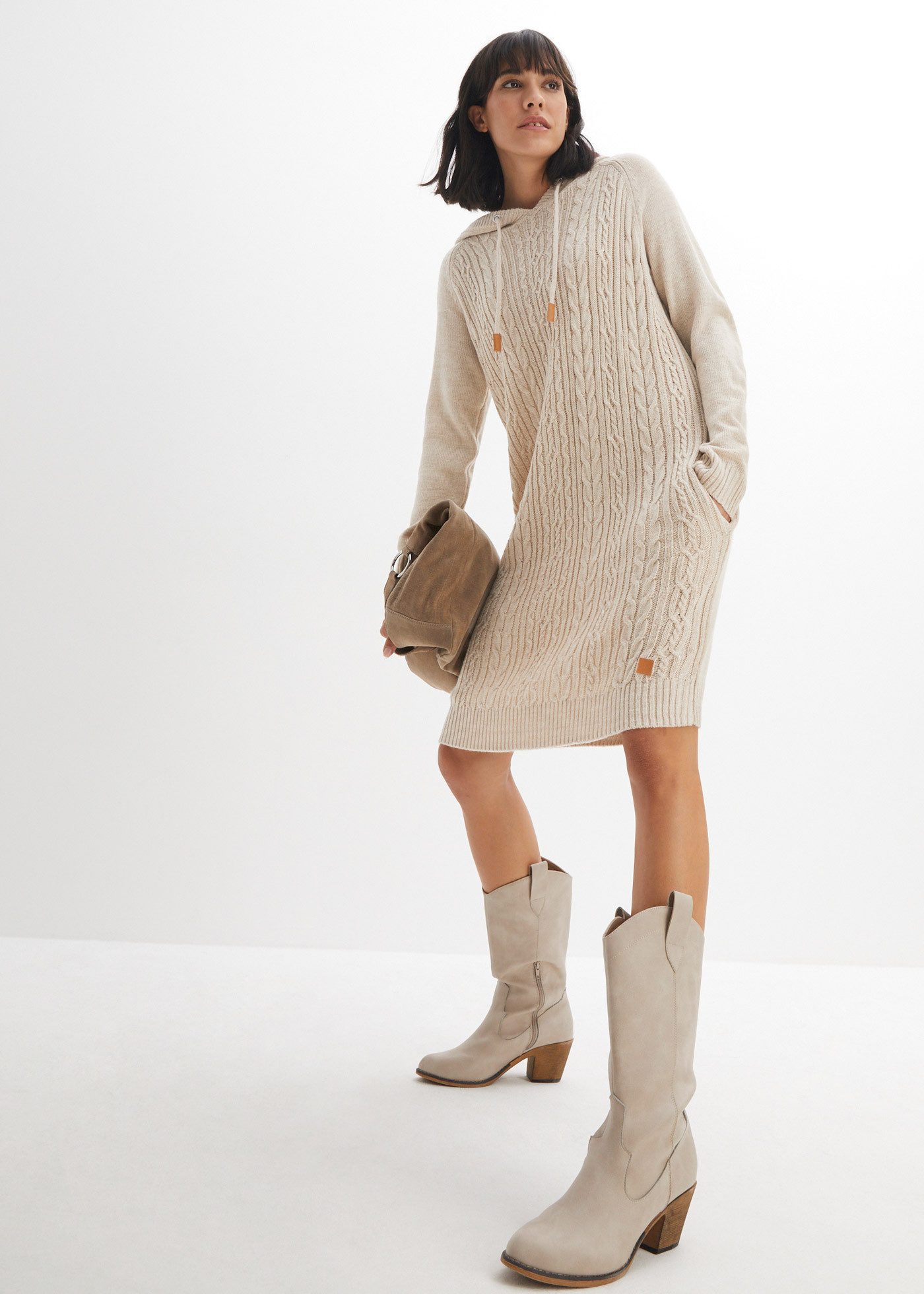 bonprix Strickkleid mit Kapuze, aus Polyacryl, lässig geschnitten, mit Eingrifftaschen
