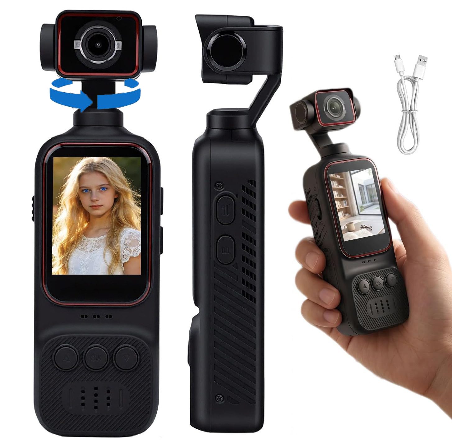TWUFY 2K Action Cam mit 270° Gedrehtes Objektiv& 2-Zoll-Screen Kompaktkamera (inkl. Mini Video & Audio Pocket Cam 270° Rotation Kamera, für Outdoor Sport, Fahrrad, Reisen, Polizei, Strafverfolgung)