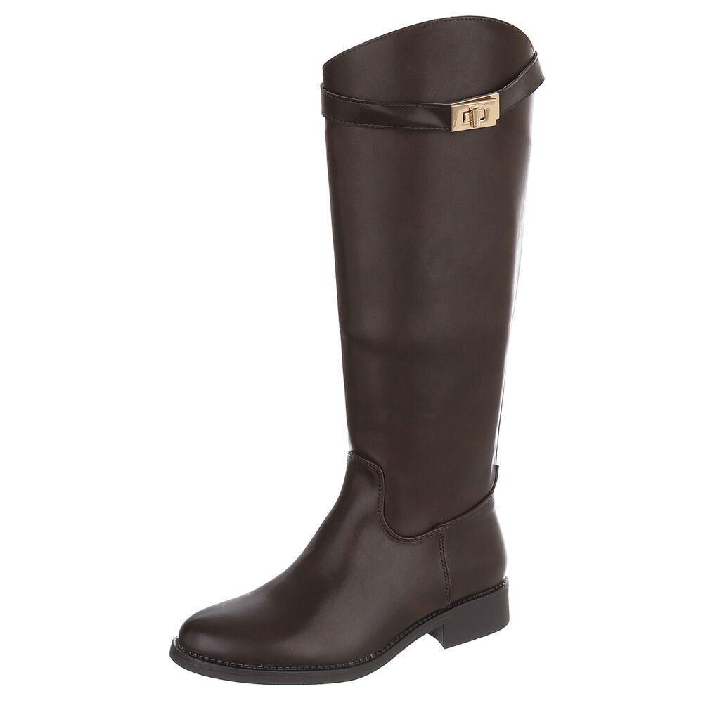Ital-Design Kniehoher Damenstiefel mit Gürtel-Detail Stiefel (92457650) Blockabsatz Flache Stiefel in Braun