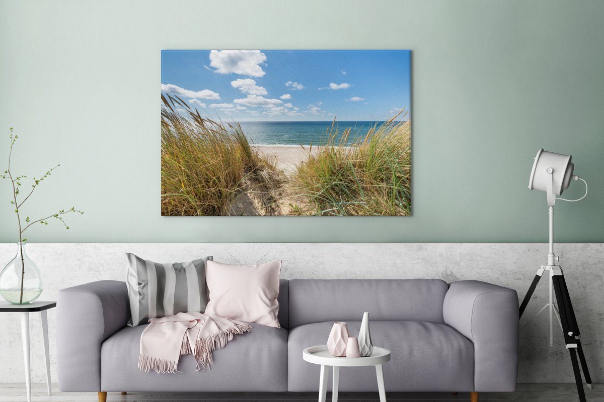 OneMillionCanvasses® Leinwandbild Düne - Gras XXL, St), (1 cm Strand, 120x80 alle Meer Gemälde, - Wohnbereiche, großes, Wandbild - für