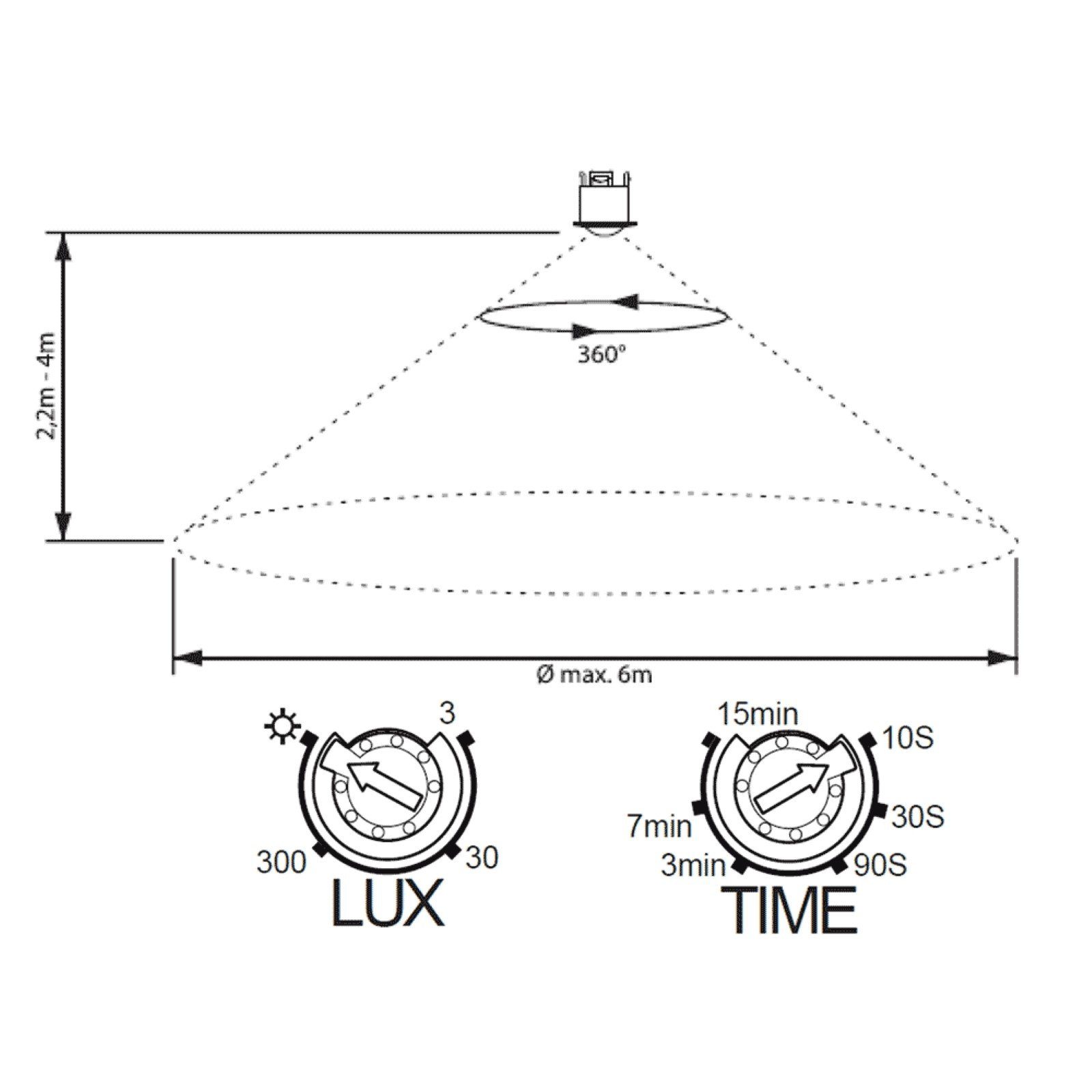 SEBSON Bewegungsmelder Mini Infrarot Sensor Unterputz Decke, Reichweite 6m 360° - Ø50x66mm, programmierbar, Einbauloch: Ø42mm, LED geeignet 400W, 230V, 3 Draht