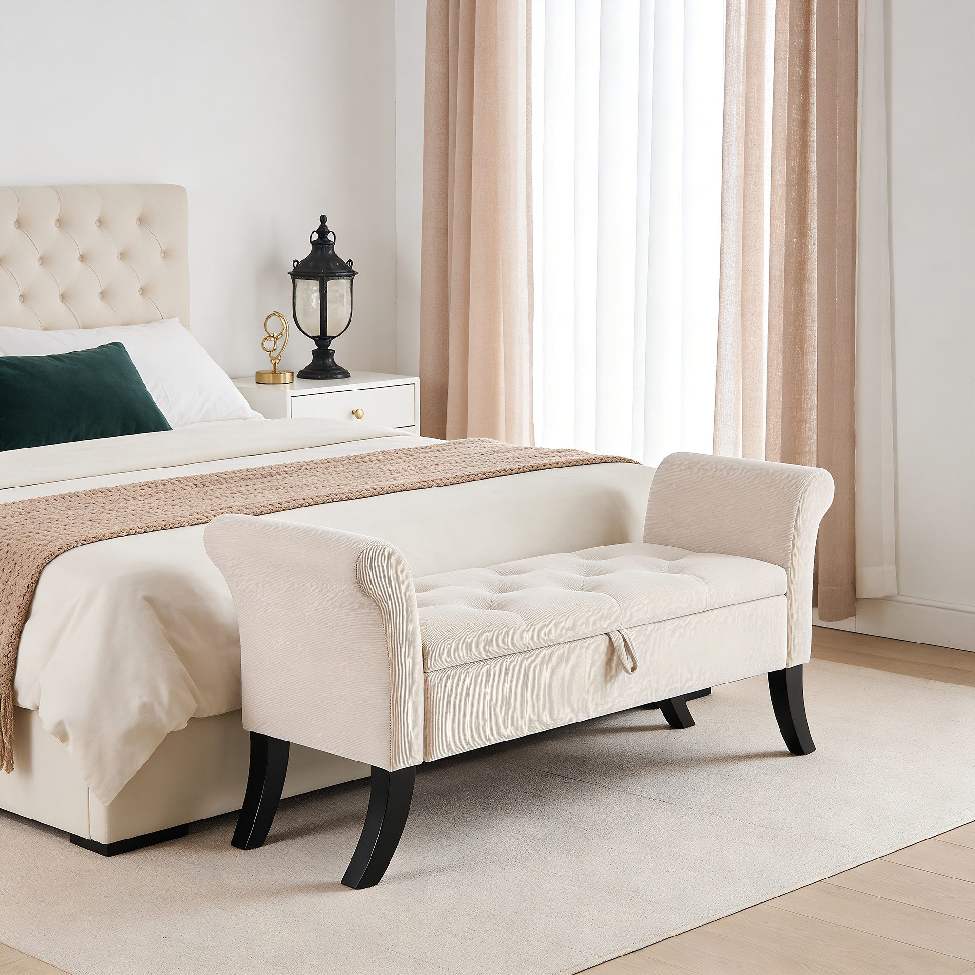 oyajia Bettbank Sitzbank mit Stauraum,132 x 43 x 64.5 cm Polsterbank (Sitzhocker mit Stauraum,Fußstütze mit stabilen Holzbeinen, Bis 168kg), Sofabank fur Flur, Esszimmer, Schlafzimmer, Wohnzimmer