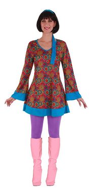 Karneval-Klamotten Hippie-Kostüm Damenkostüm Flower Power 60er Jahre, Kleid türkis-bunt, V-Ausschnitt, mit Haarband