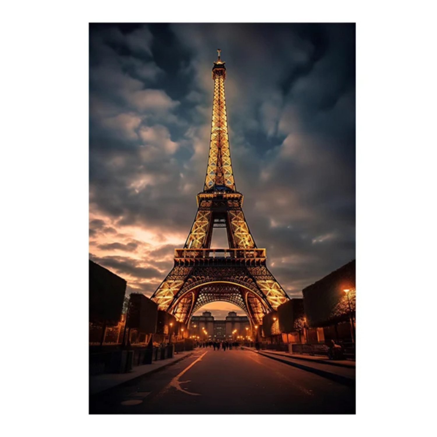TPFLiving Kunstdruck OHNE RAHMEN, Paris Eifelturm bei Nacht - (Leinwandbild XXL), Farben: Farben: Blau, orange, schwarz - Größe: 20x30cm