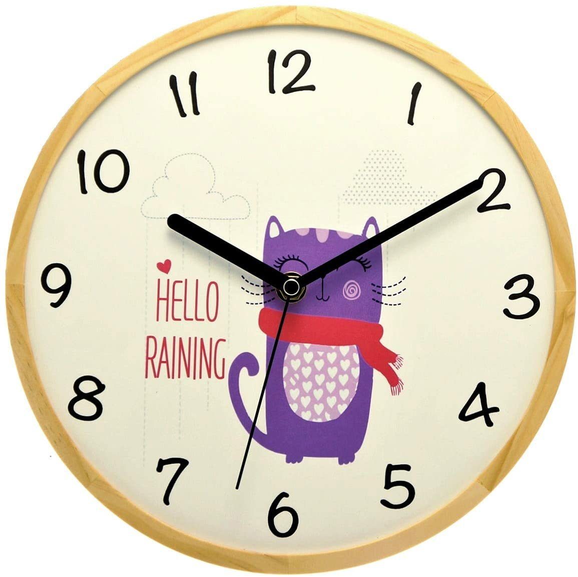 Holzwerk Wanduhr RAINY CAT Katze Kinder Wanduhr aus Holz in lila, weiß (Nahezu lautloses Uhrwerk, analog, 25 cm)