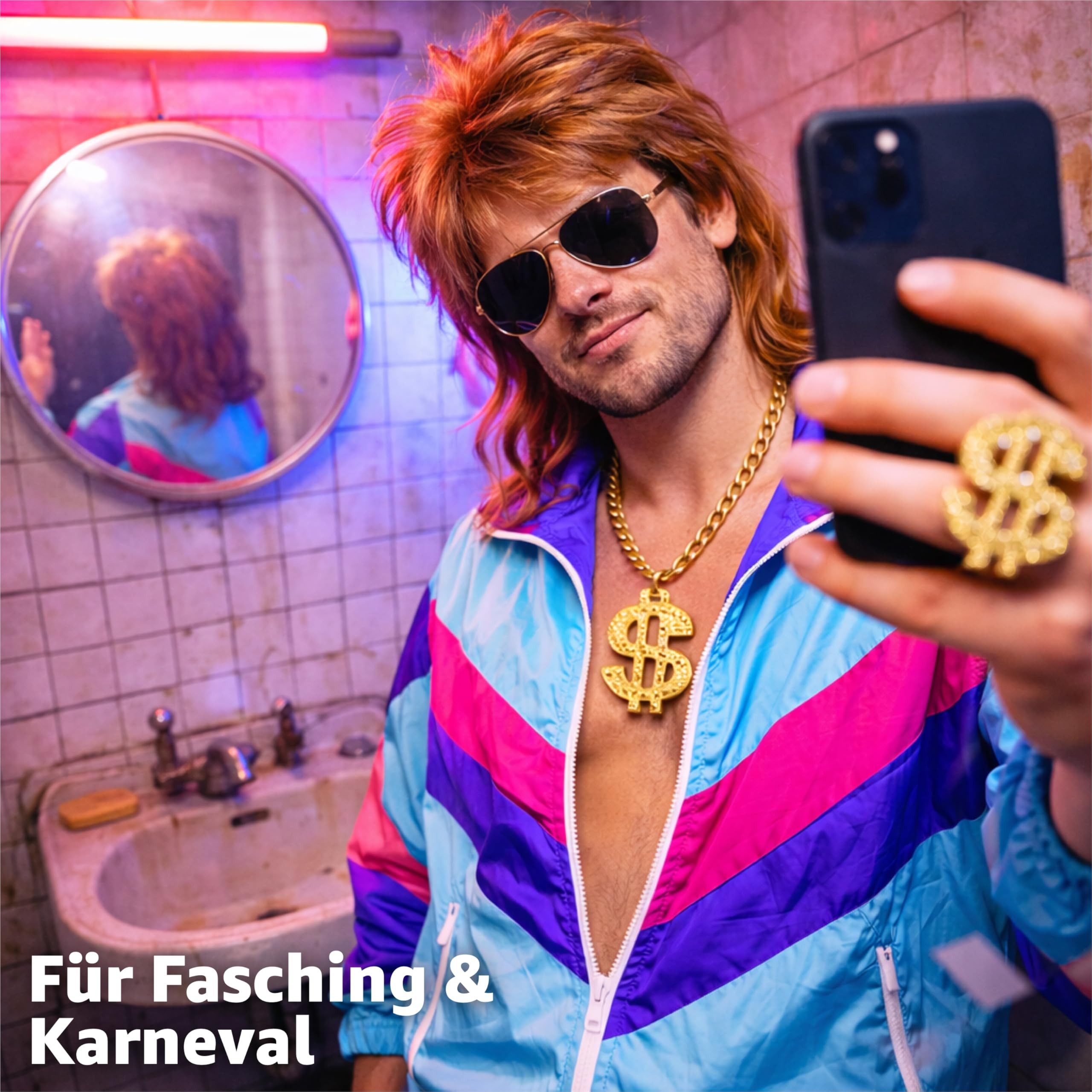 Kostümheld® Kostüm 4 in 1 Vokuhila Set mit Ring, Perücke, Goldkette, Brille - Fasching, unisex