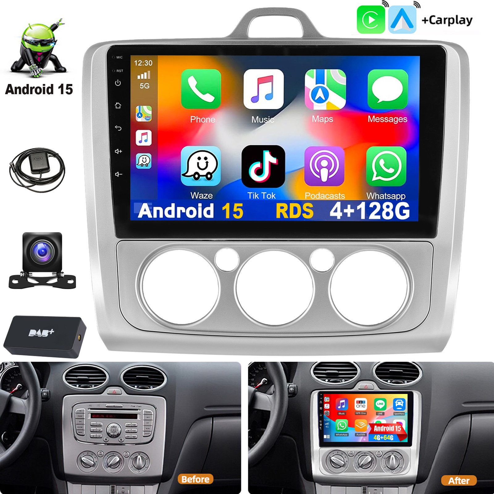 ESSGOO Für Ford Focus MK2 MK II 2004-11 Android 15 Autoradio Carplay Navi RDS Autoradio (RDS, 4+128GB(optional), 4+64GB(optional), FM, AM, DAB+ (optional), Apple Carplay & Android Auto,Bluetooth,ASP)