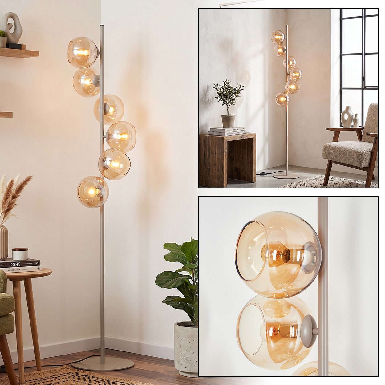 hofstein Stehlampe Stehlampe aus Metall/Glas in Sandfarben/Weiß/Bernsteinfarben, moderne Stehleuchte im Retro/Vintage-Design, Fußschalter, 6 x E14