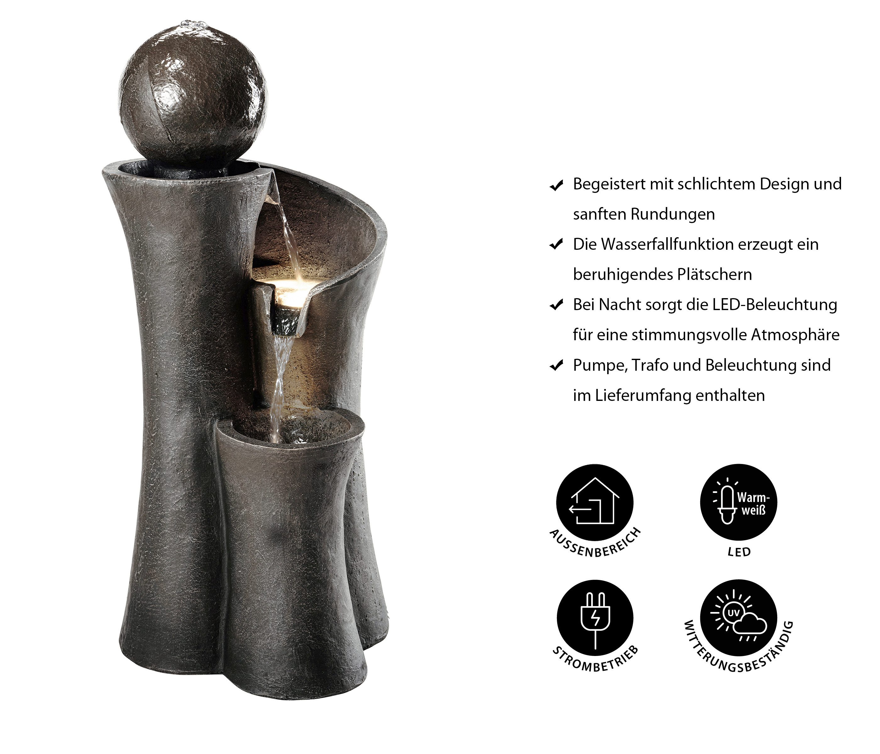 Dehner Gartenbrunnen Acapulco, LED Beleuchtung, ca. 100 x 45 x 42.5 cm, säulenförmiges Wasserspiel aus Kunststein inkl. Pumpe, Trafo