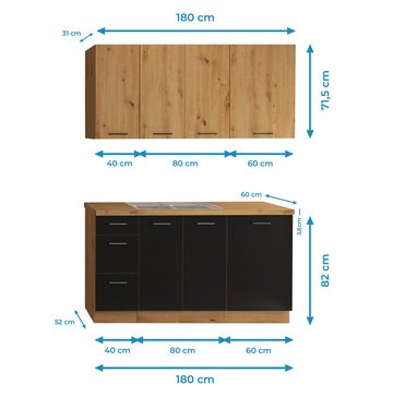 Furnix Küchenzeile Montijo Einbauküche 180 cm Küchenzeile Hängeschränke Schwarz/Eiche, Maße 180x80x60 cm, ästhetisch, kompakt & pflegeleicht