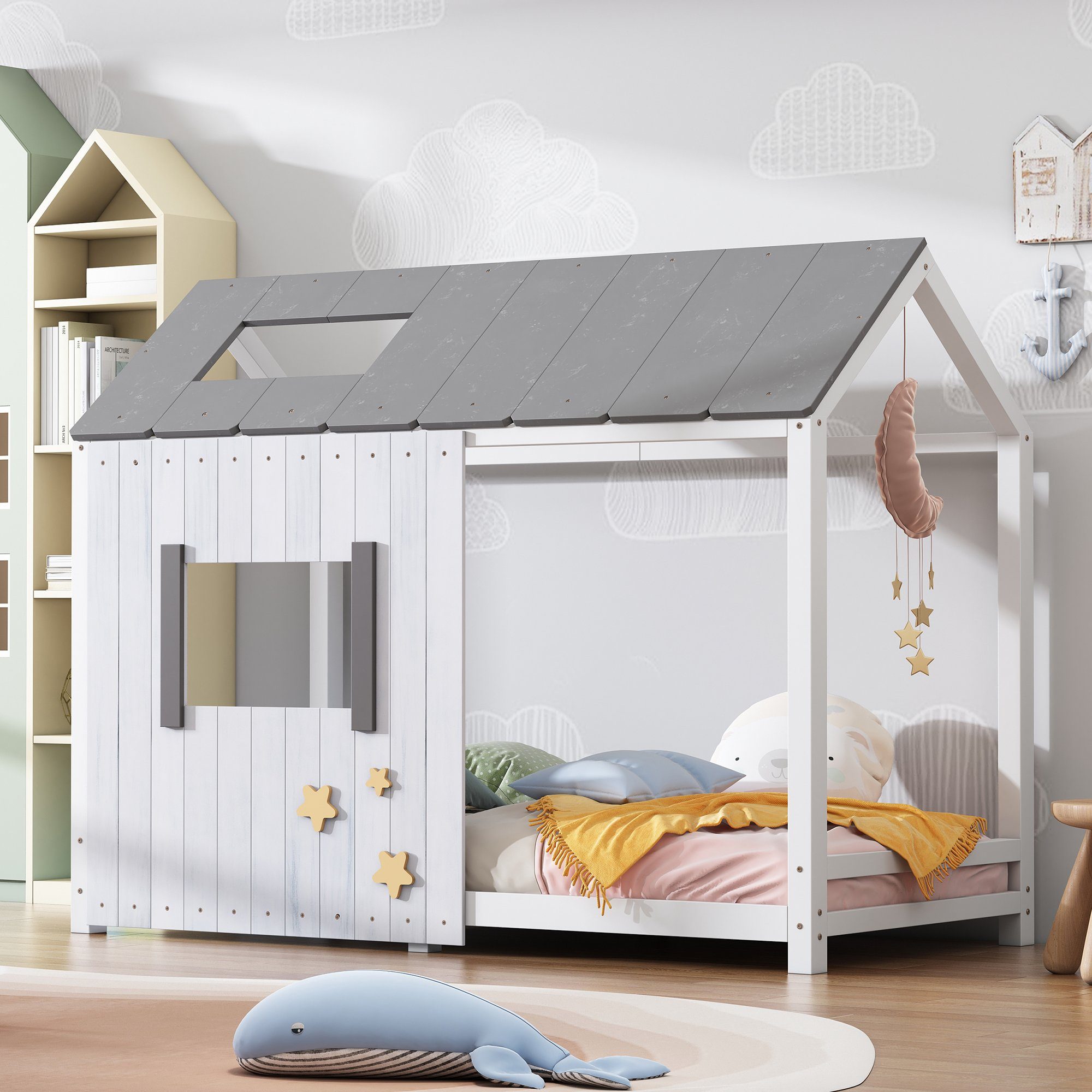 Flieks Kinderbett (mit Rausfallschutz & Dach & Fenster), Spielbett  Massivholz Einzelbett Hausbett, Grau&Weiß 90x200cm