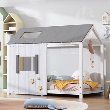 Flieks Kinderbett (mit Rausfallschutz & Dach & Fenster), Spielbett Massivholz Einzelbett Hausbett, Grau&Weiß 90x200cm