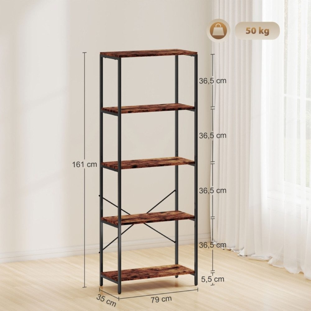 Wildhome Bücherregal im Retro-Holz- & Industrie-Design mit 5 Etagen, Ausstellungsregal, 1-tlg., Küchenregal, Pflanzenständer & Lagerregal 79x35x161 cm