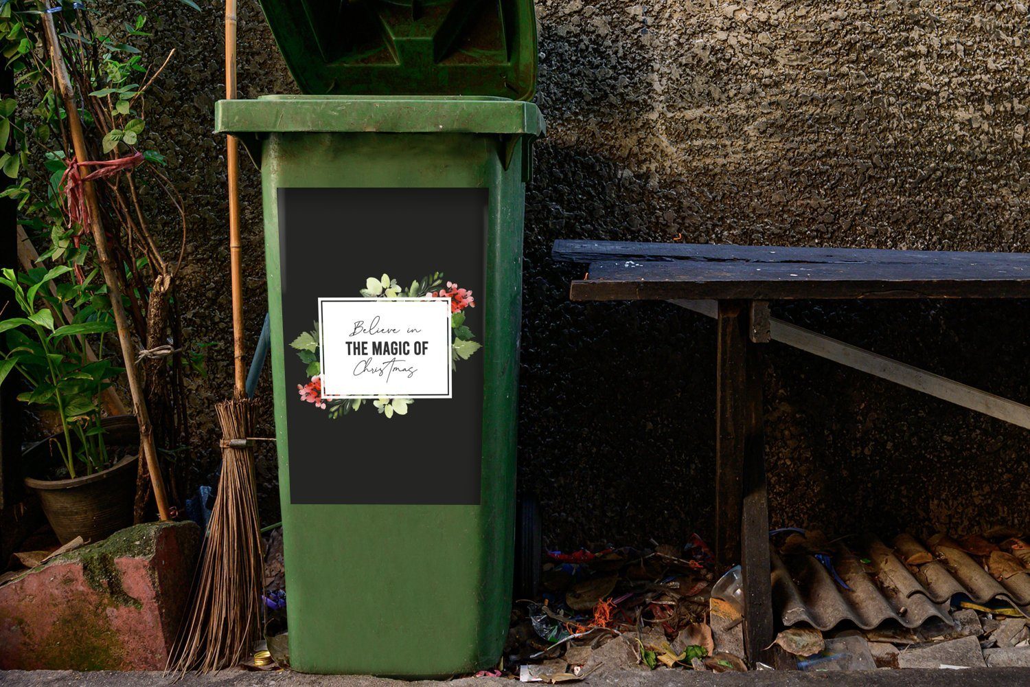 MuchoWow Wandsticker Blumen - Weihnachten Zitate (1 St), Mülltonne, - Abfalbehälter Container, Mülleimer-aufkleber, Sticker