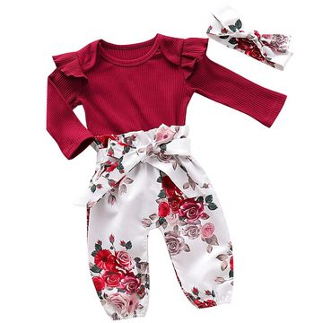 LAPA Shirt, Leggings & Haarband »Baby Langarm Strampler + Hose + Kopfbedeckung Dreiteiliges Set« mit Rüschen, elastischer Bund, Lässiges Anzug