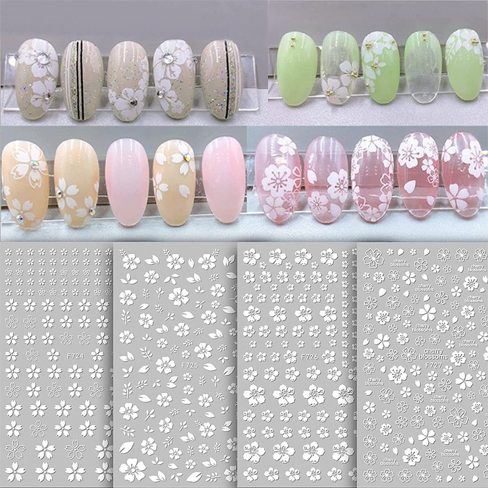 SOTOR Sticker Weiße Blumen Nagelaufkleber Abziehbilder,3D Nail Art Stickers Set, (4-tlg), Nagelsticker Selbstklebend Nail Art Tattoo Aufkleber