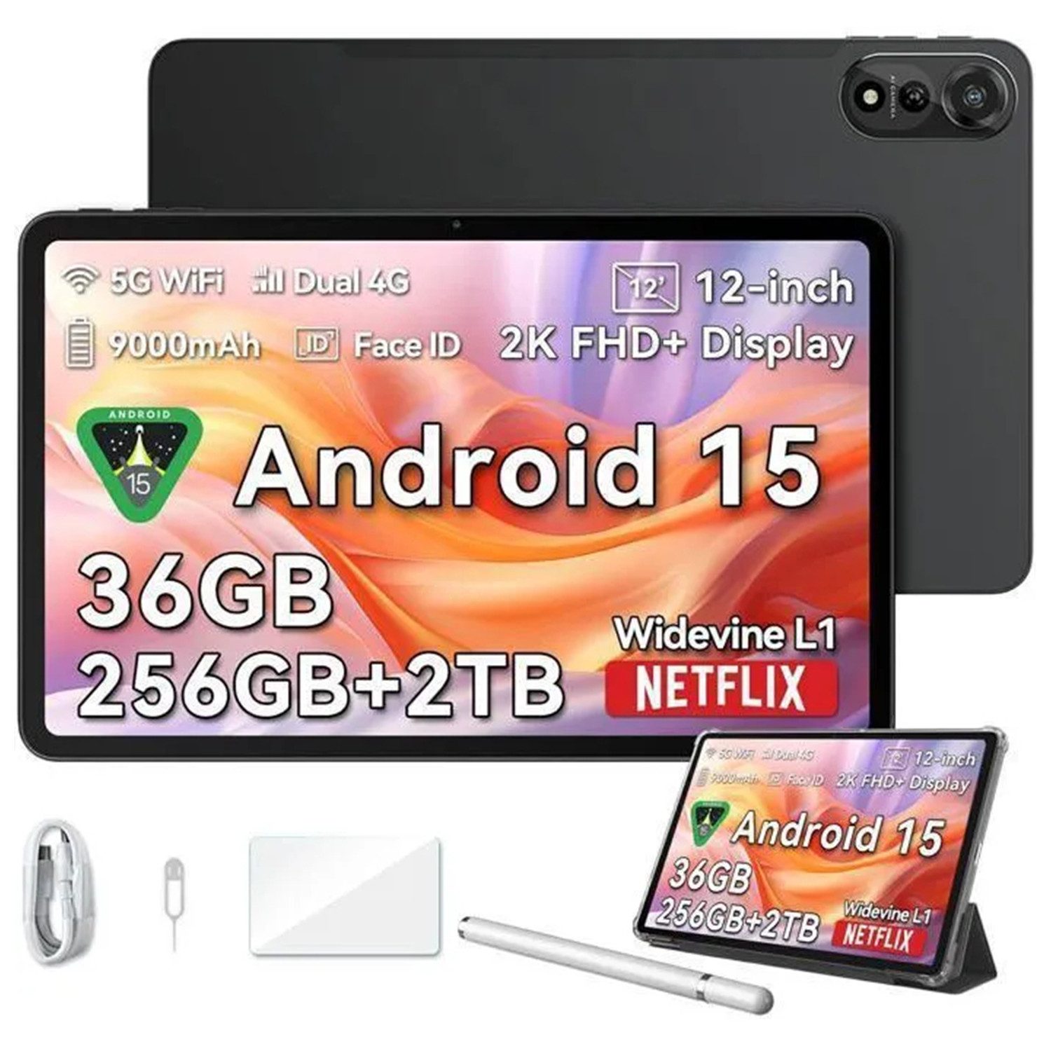 blackview Tablet MEGA2 12" Android 15 4G LTE, 128/256 GB,9000mAh,GPS,13-in-1 Set Tablet (12", 120Hz 2K Gaming Tablet,4G LTE+5G WiFi,WideVine L1,Dual Kamera,Face ID)