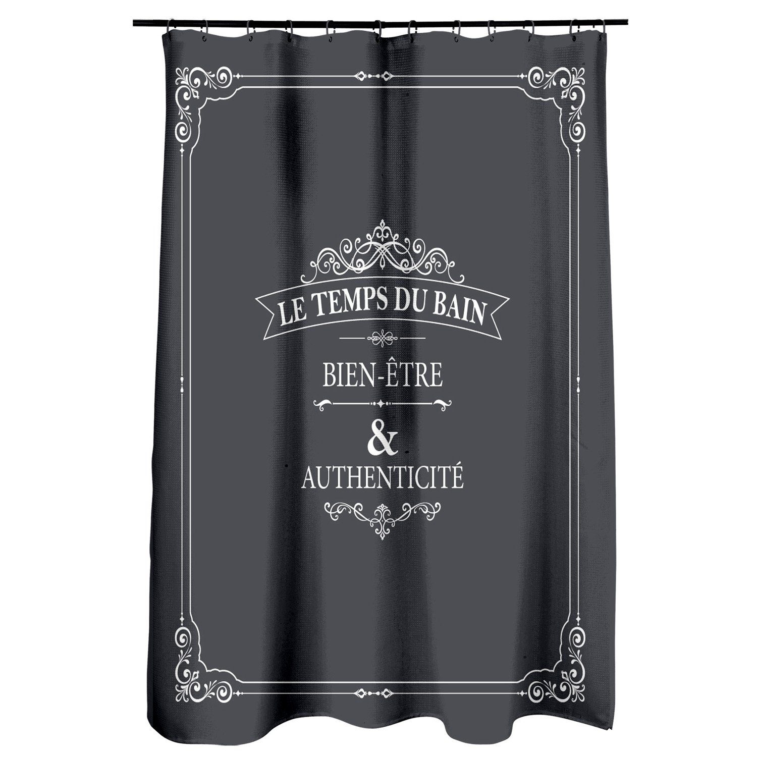 meberg Duschvorhang Vorhang Dusche Textil 180x200 cm schwarz Vintage Schrift waschbar Breite 180 cm (wasserabweisend), Badewannenvorhang Vorhang hochwertige Qualität mit Ringen Metallösen