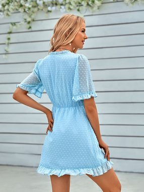BlauWave Druckkleid Lässiges V-Ausschnitt Kleid mit kurzen Ärmeln und festem Ausschnitt (1-tlg., Geeignet für Ausflüge) Taillenverschlankendes Kleid mit Rüschen