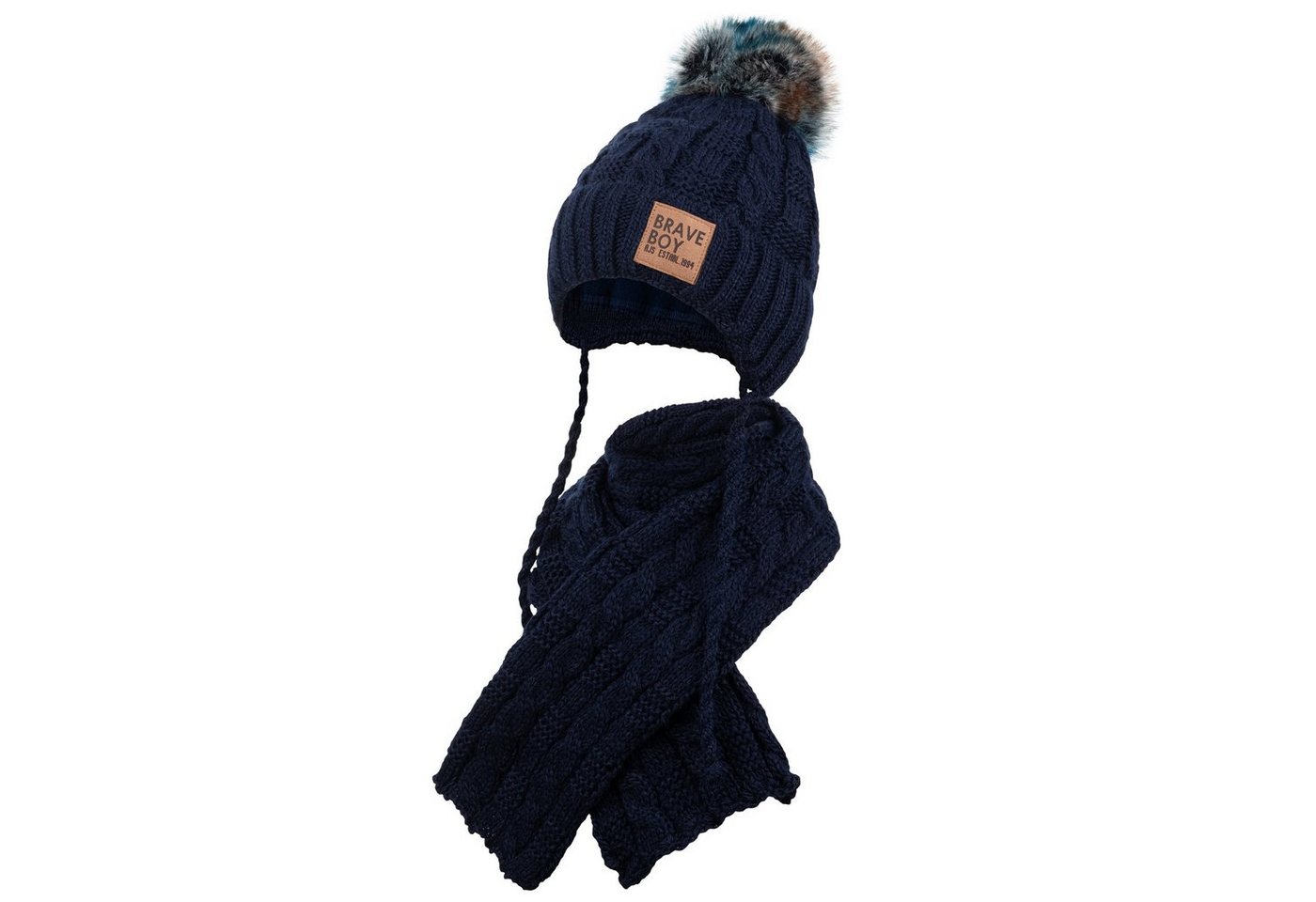 AJS Mütze & Schal Strickmütze Wintermütze Schal Winterset Bommel Bindemütze mit praktischen Bindebändern
