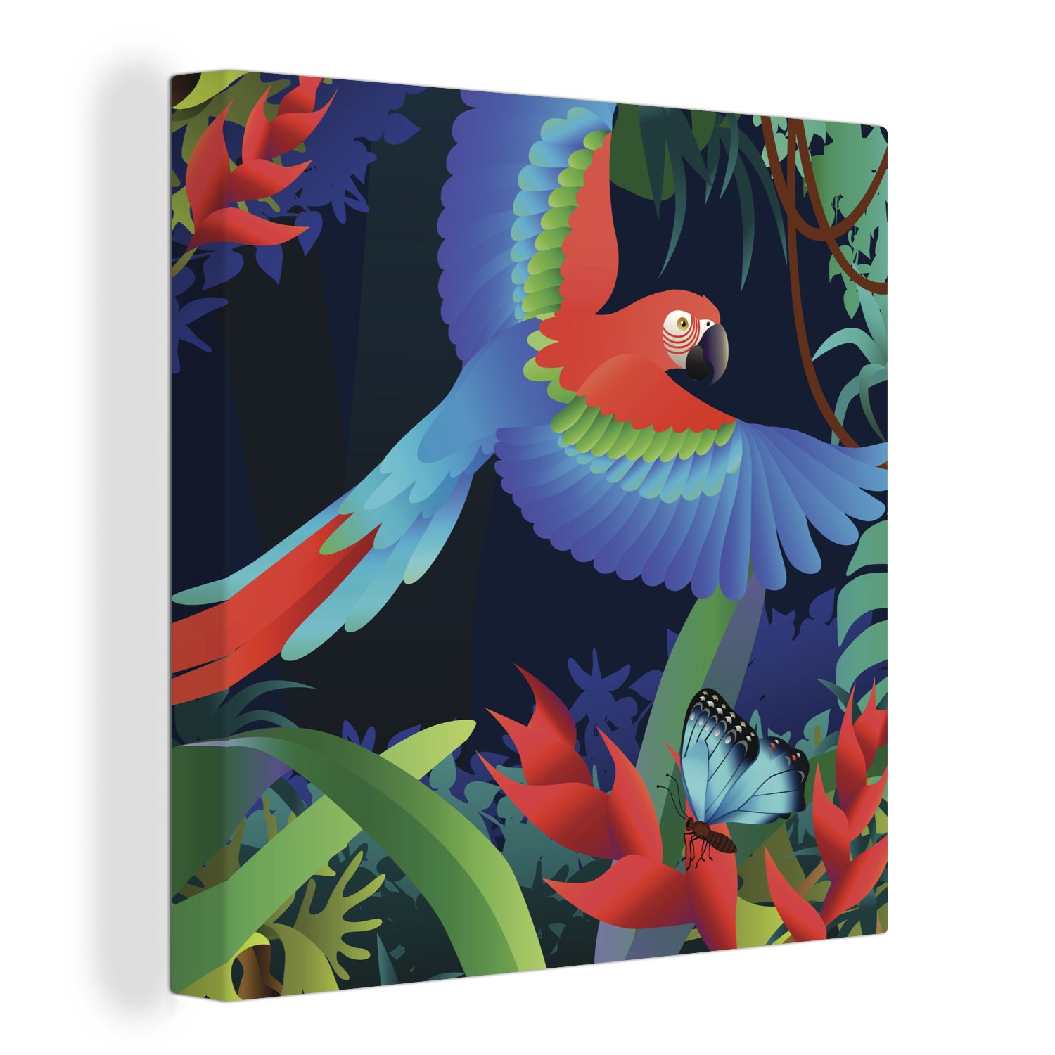 OneMillionCanvasses® Leinwandbild Eine Illustration eines fliegenden Papageis im Regenwald, (1 St), Leinwand Bilder für Wohnzimmer Schlafzimmer