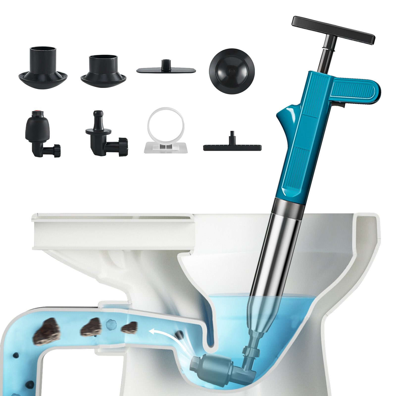 XERSEK Rohrreinigungspumpe Rohrreiniger Toilette Dusche & Spüle Abflussreiniger Druckluft Pumpe, aus Edelstahl, Max.6 Bar, mit 3 x Kolbenköpfe